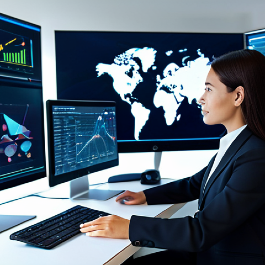 A professional businesswoman in a modest business suit, seated at a futuristic workstation, actively collaborating with advanced AI. On a holographic display, abstract data visualizations are dynamically transforming into vibrant, flowing visual metaphors, illustrating the powerful fusion of human creativity and artificial intelligence. The modern office environment features sleek design and soft, ambient lighting, emphasizing innovation and co-creation. safe for work, appropriate content, fully clothed, professional dress, perfect anatomy, correct proportions, natural pose, well-formed hands, proper finger count, natural body proportions, high-quality, professional photography, family-friendly.