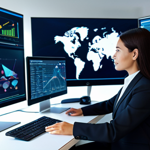 A professional businesswoman in a modest business suit, seated at a futuristic workstation, actively collaborating with advanced AI. On a holographic display, abstract data visualizations are dynamically transforming into vibrant, flowing visual metaphors, illustrating the powerful fusion of human creativity and artificial intelligence. The modern office environment features sleek design and soft, ambient lighting, emphasizing innovation and co-creation. safe for work, appropriate content, fully clothed, professional dress, perfect anatomy, correct proportions, natural pose, well-formed hands, proper finger count, natural body proportions, high-quality, professional photography, family-friendly.