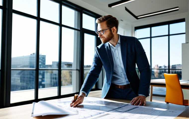 시각적 은유의 제작 과정 직접 체험하기 - **Prompt:** "A professional architect in a modern, sunlit office space, reviewing blueprints, wearin...