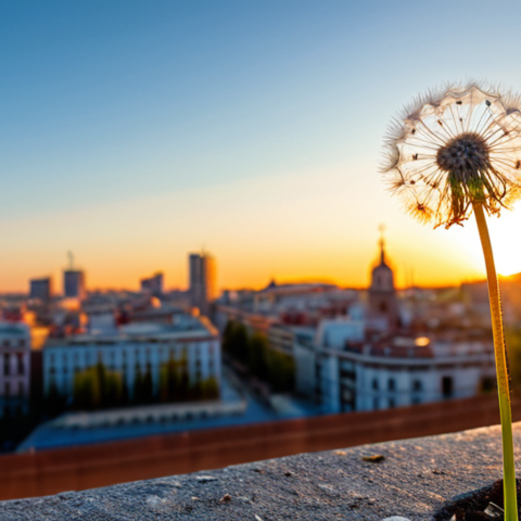 시각적 은유의 디자인 트렌드 - **Prompt:** "A single dandelion seed floating gently in the wind, scattering towards a vibrant citys...