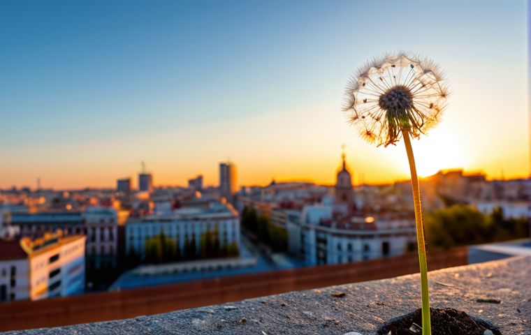 시각적 은유의 디자인 트렌드 - **Prompt:** "A single dandelion seed floating gently in the wind, scattering towards a vibrant citys...