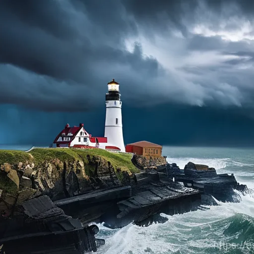 시각적 은유의 재해석과 혁신 - **A Beacon of Hope in the Storm**
    A dramatic, awe-inspiring lighthouse stands resolute on a rugg...